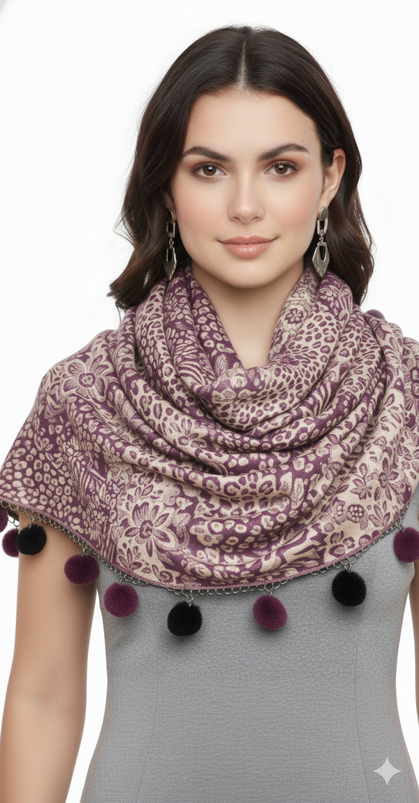 Peach Couture Retro Floral Animal Print Pashmina With Faux Fur Poms