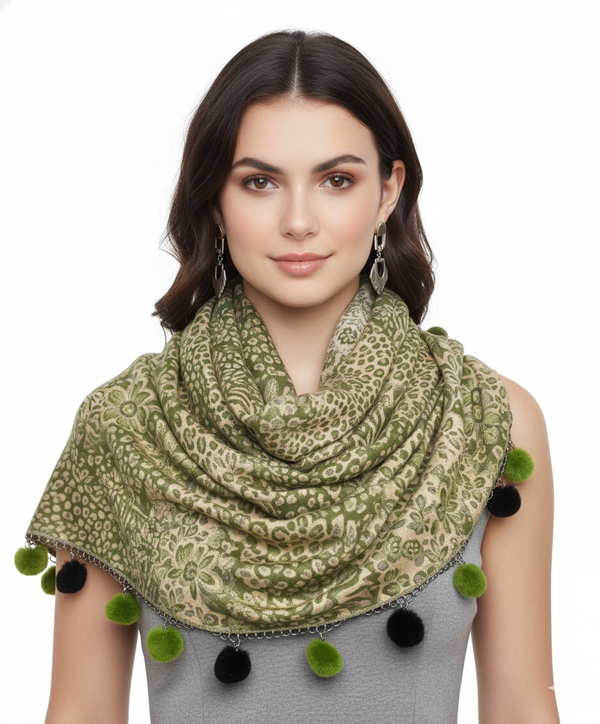 peach couture Retro Floral Animal Print Pashmina with Faux Fur Poms