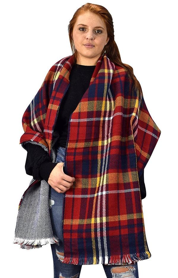 peach couture Reversible Oversized Plaid Tartan Herringbone Blanket Scarf Red Navy