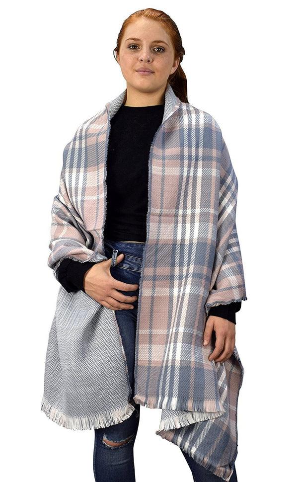 peach couture Reversible Oversized Plaid Tartan Herringbone Blanket Scarf Pink Grey