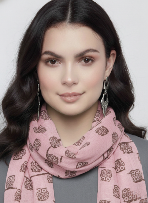 peach couture Rose Pink/Grey Peach Couture Summer Lightweight Soft Animal Bird Owl Printed Sheer Scarf Shawl