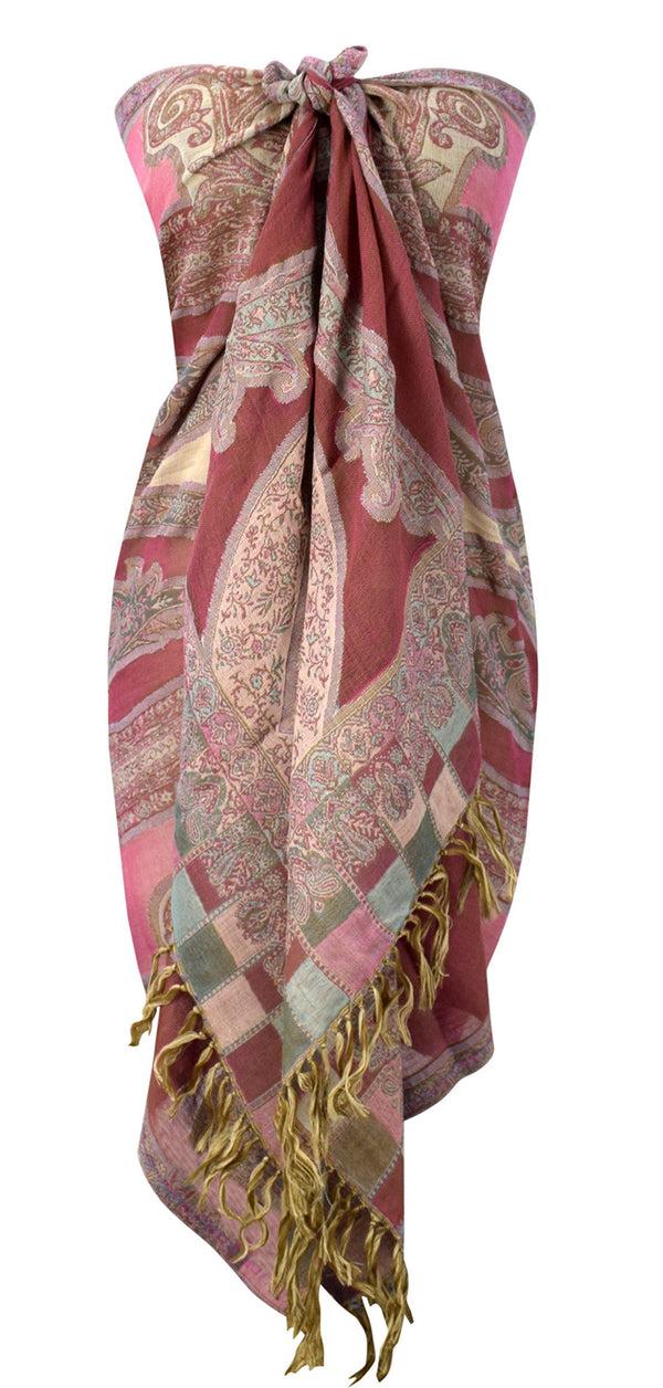peach couture Sheer Handmade Paisley Damask Pashmina Shawl-Pink Tan