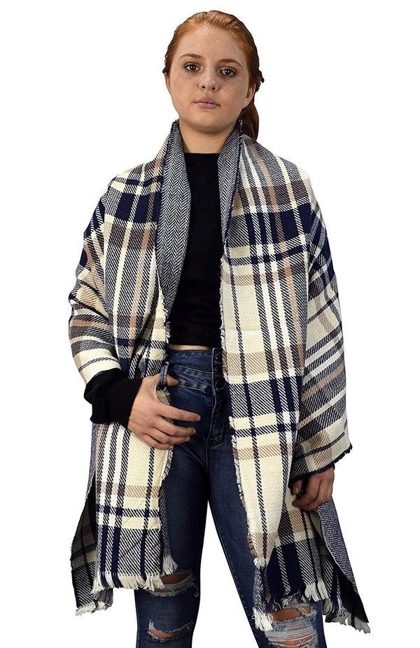 peach couture Tan Navy Reversible Oversized Plaid Tartan Herringbone Blanket Scarf