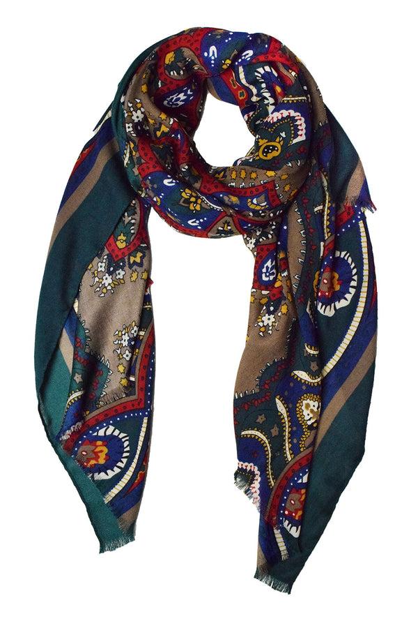 Peach Couture Taupe/Blue/Green/Red Paisley Damask Fringe Scarf