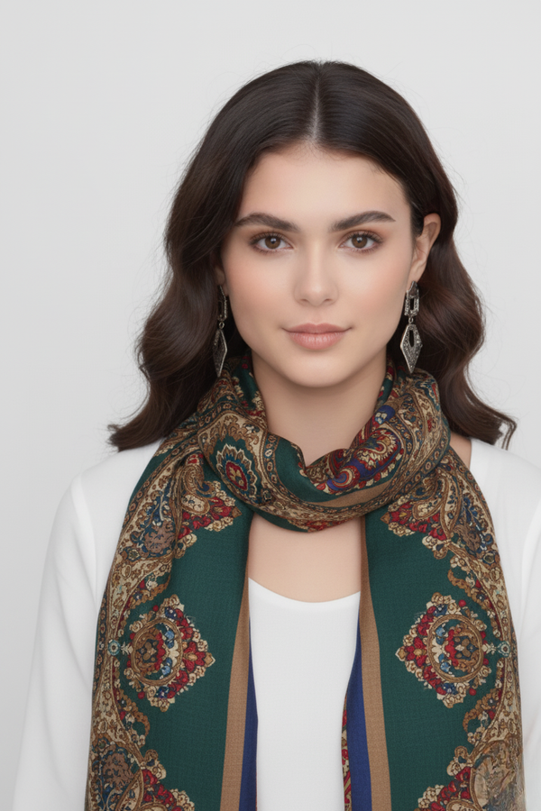 peach couture Taupe/Blue/Green/Red Paisley Damask Fringe Scarf