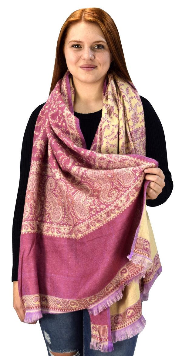 Peach Couture Taupe & Purple Thick 4-Ply Reversible Paisley Pashmina Shawl
