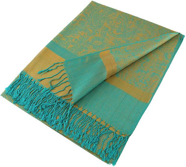 Peach Couture Teal & Gold Vintage Jacquard Paisley Pashmina Shawl