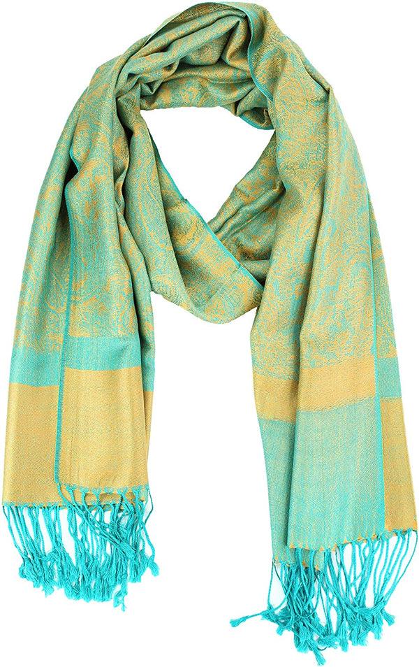 Peach Couture Teal & Gold Vintage Jacquard Paisley Pashmina Shawl