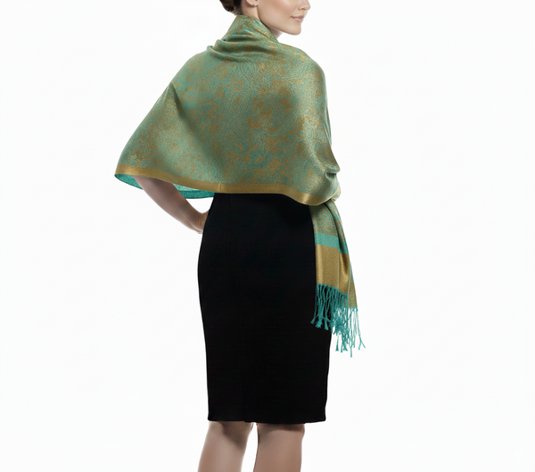 Peach Couture Teal & Gold Vintage Jacquard Paisley Pashmina Shawl