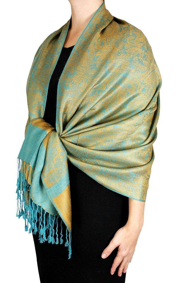peach couture Teal & Gold Vintage Jacquard Paisley Pashmina Shawl