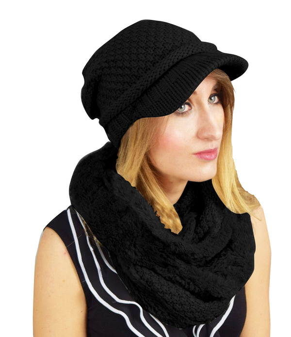 peach couture Thick Crochet Plush Visor Beanie Hat Infinity Loop Scarf 2 Pack