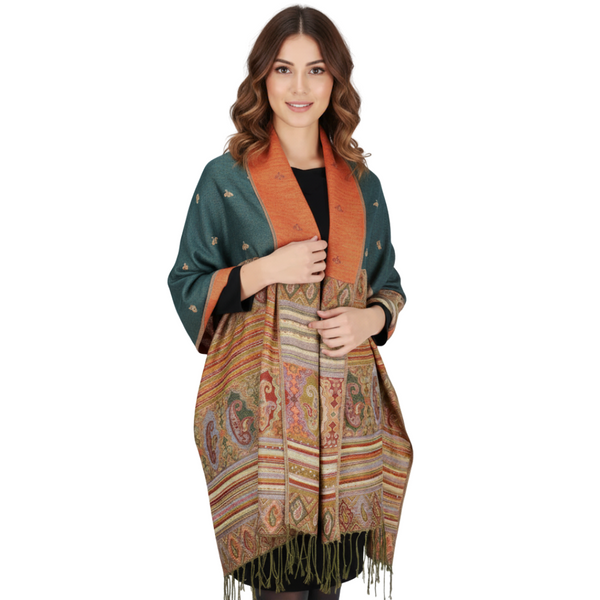 Peach Couture Tribal Border Reversible Bohemian Pashmina Shawl
