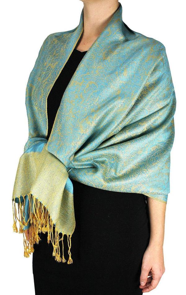peach couture Turquoise & Gold Vintage Jacquard Paisley Pashmina Shawl