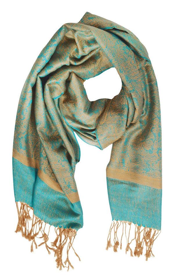 peach couture Turquoise & Gold Vintage Jacquard Paisley Shawl