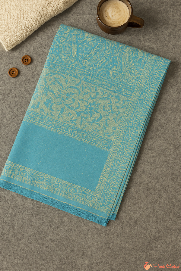 Peach Couture Turquoise & Tan Thick 4-Ply Reversible Paisley Pashmina Shawl