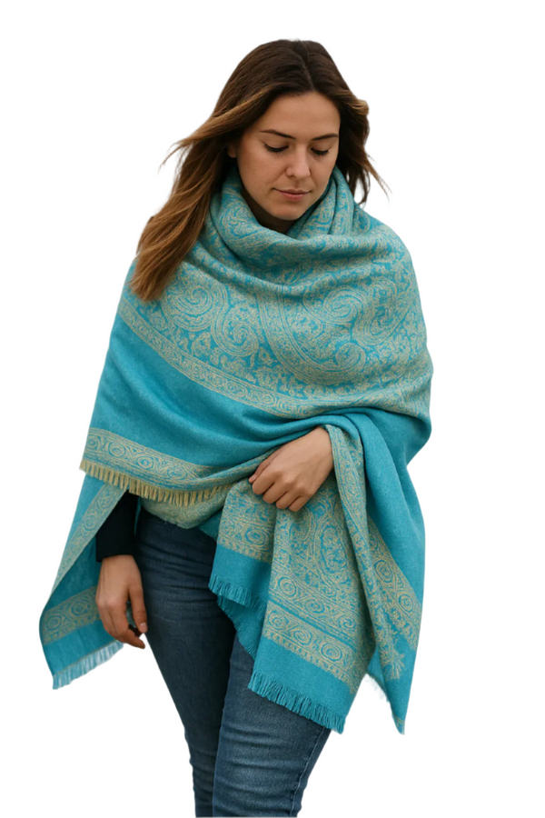 Peach Couture Turquoise & Tan Thick 4-Ply Reversible Paisley Pashmina Shawl