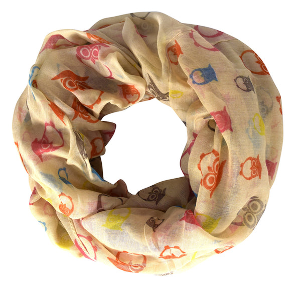 Peach Couture Vibrant Rainbow Colorful Lightweight Boho Owl Print Infinity Loop