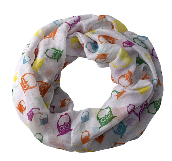 Peach Couture Vibrant Rainbow Colorful Lightweight Boho Owl Print Infinity Loop