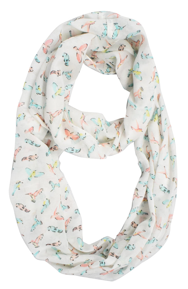 peach couture Vintage Graphic Sheer Bird Print Scarf Infinity Scarf Loops Circle Scarf White