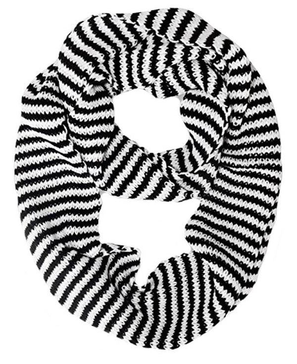 peach couture Warm Knitted Soft Light Striped Infinity Loop Scarf White and Black