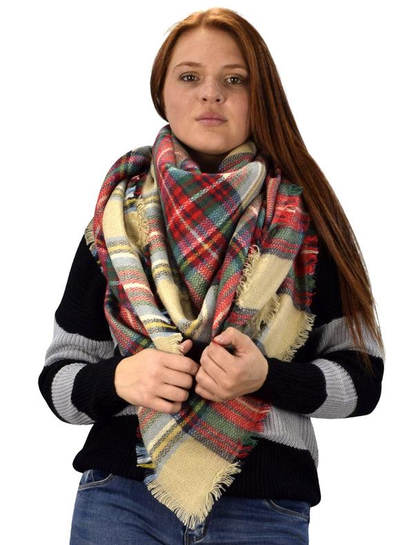 peach couture Warm Tartan Plaid Woven Oversized Fringe Scarf Blanket Shawl Wrap Tan