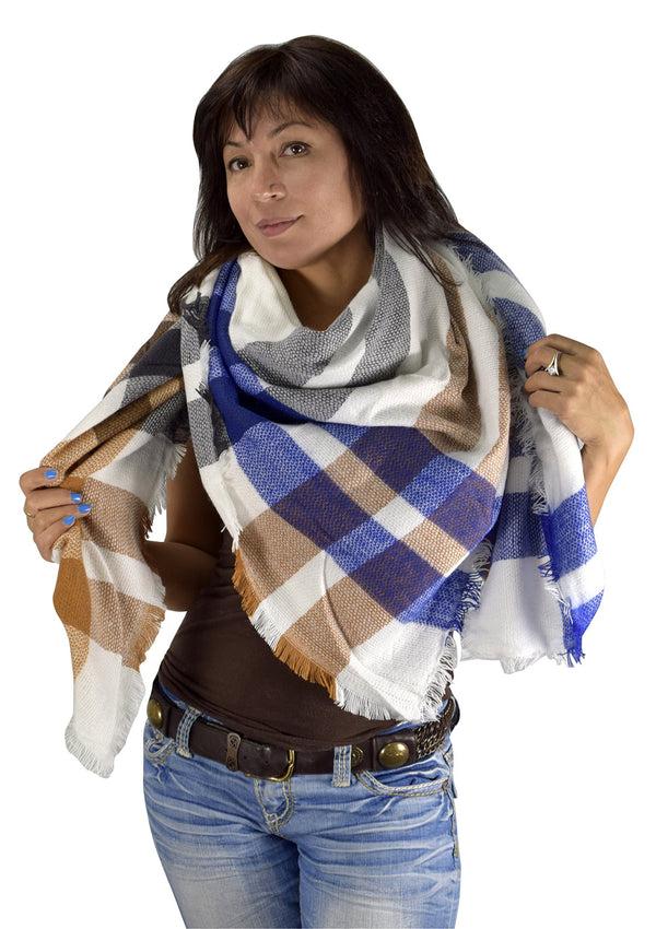 peach couture Warm Tartan Plaid Woven Oversized Fringe Scarf Blanket Shawl Wrap Blue Tan