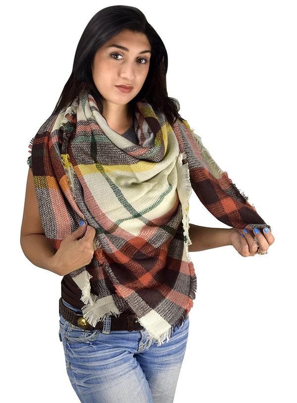 peach couture Warm Tartan Plaid Woven Oversized Fringe Scarf Blanket Shawl Wrap Orange Yellow