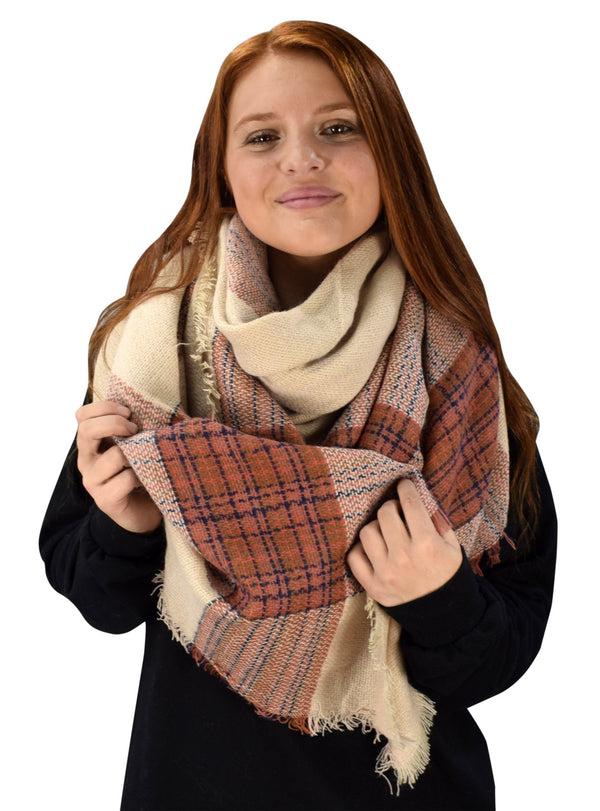 peach couture Warm Tartan Plaid Woven Oversized Fringe Scarf Blanket Shawl Wrap Beige