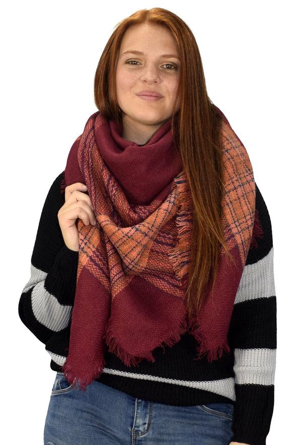 peach couture Warm Tartan Plaid Woven Oversized Fringe Scarf Blanket Shawl Wrap Maroon