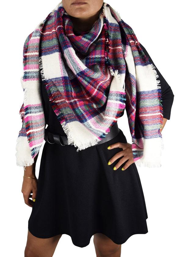 peach couture Warm Tartan Plaid Woven Oversized Fringe Scarf Blanket Shawl Wrap Fuchsia White