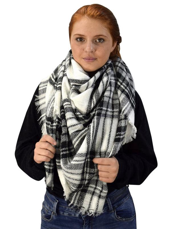peach couture Warm Tartan Plaid Woven Oversized Fringe Scarf Blanket Shawl Wrap Black White