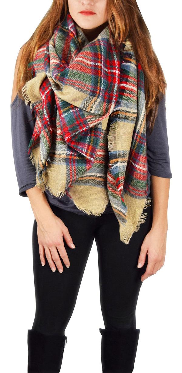 peach couture Warm Tartan Plaid Woven Oversized Fringe Scarf Blanket Shawl Wrap Tan Red