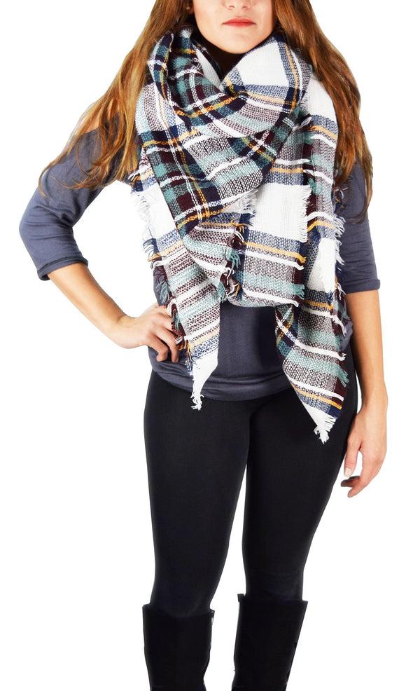 peach couture Warm Tartan Plaid Woven Oversized Fringe Scarf Blanket Shawl Wrap Navy Brown