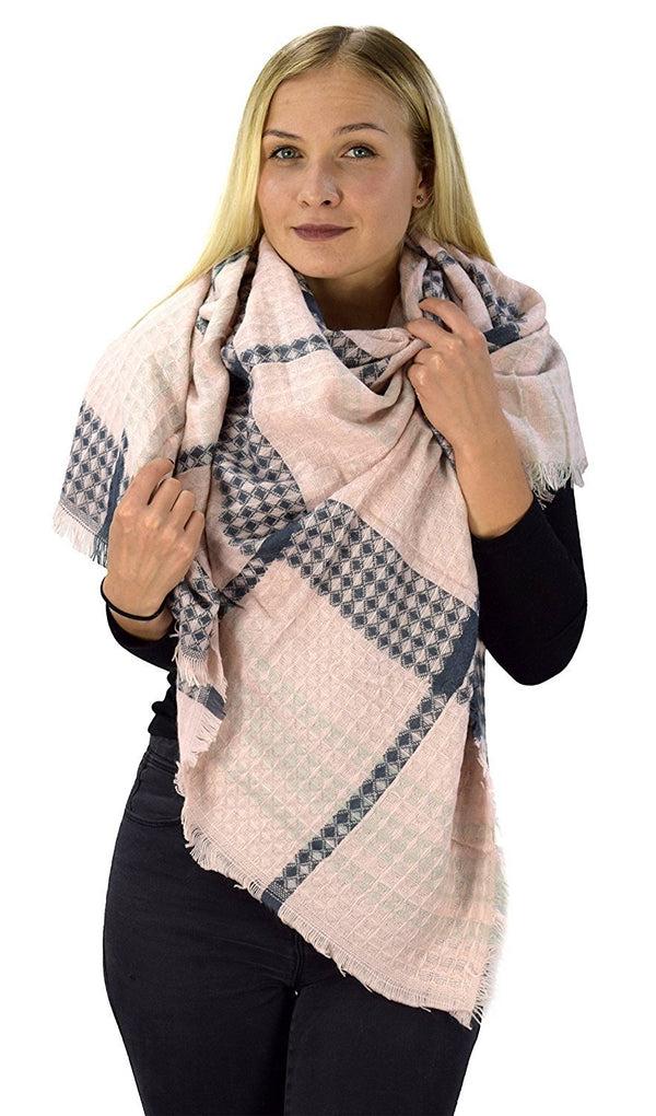 peach couture Warm Tartan Plaid Woven Oversized Fringe Scarf Blanket Shawl Wrap Pink Navy