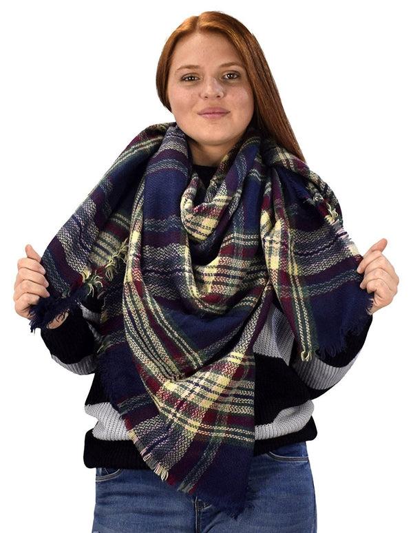 peach couture Warm Woven Oversized Tartan Plaid Blanket Scarf Shawl Brown Navy