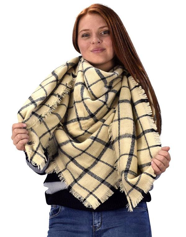 Peach Couture Warm Woven Oversized Tartan Plaid Blanket Scarf Shawl Tan Black