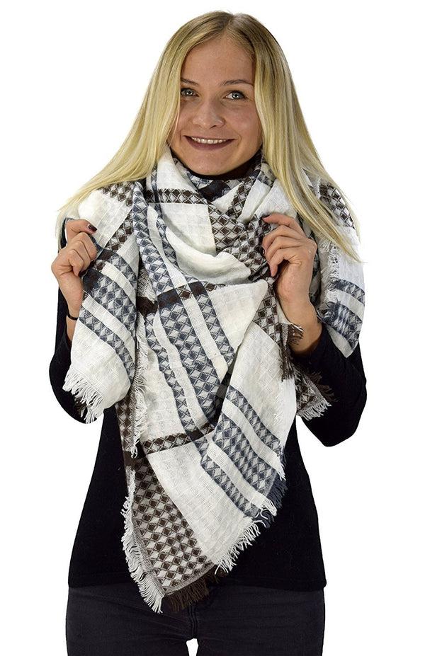 peach couture White Brown Warm Woven Oversized Tartan Plaid Blanket Scarf Shawl