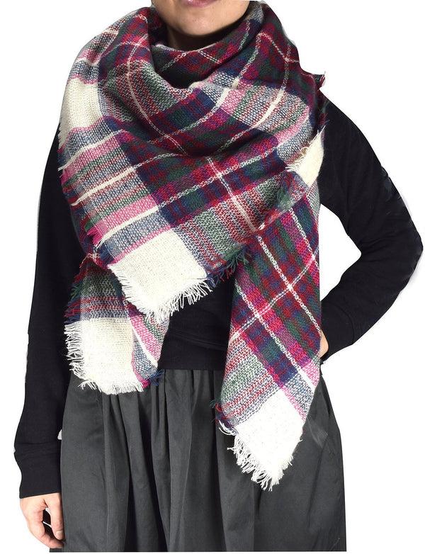 peach couture White &Fuchsia Cozy Plaid Patterned Oversized Fall or Winter Blanket Scarf Wrap