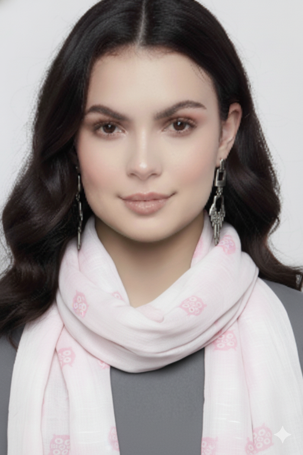 peach couture White Pink Lightweight Graphic Animal Owl Print Summer Fringe Scarf