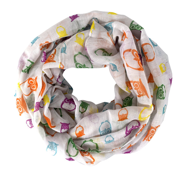 peach couture White Soft Lightweight Vintage Owl Bird Sheer Scarf Infinity Loop