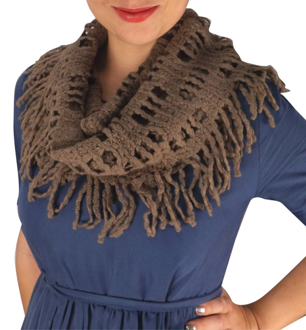 Peach Couture Winter Knitted Rectangular Pattern Long Fringe Warm Infinity Loop Scarf