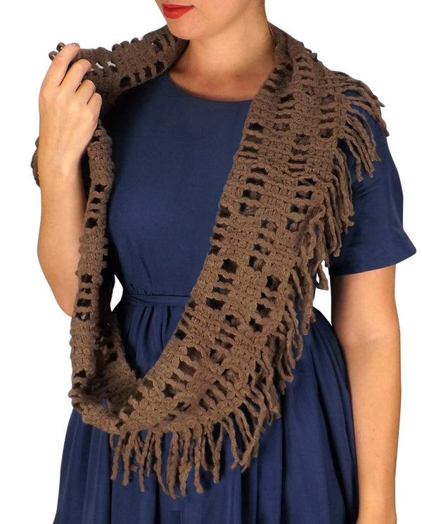 Peach Couture Winter Knitted Rectangular Pattern Long Fringe Warm Infinity Loop Scarf