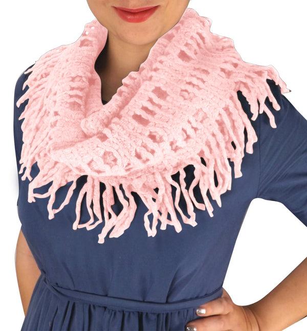 peach couture Winter Knitted Rectangular Pattern Long Fringe Warm Infinity Loop Scarf