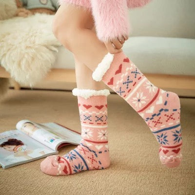 peach couture Winter Super Warm Cozy Knitted Sherpa Lined with Grippers Bootie Slipper Socks