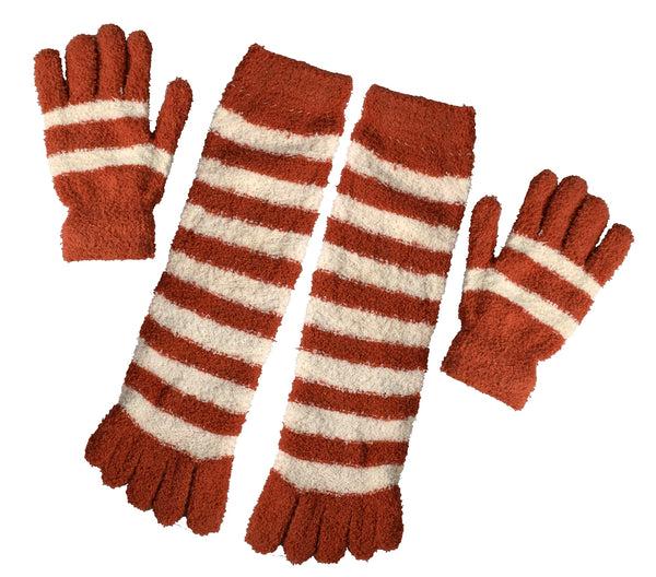 Peach Couture Winter Warm Striped Fuzzy Toe Socks And Gloves Pack