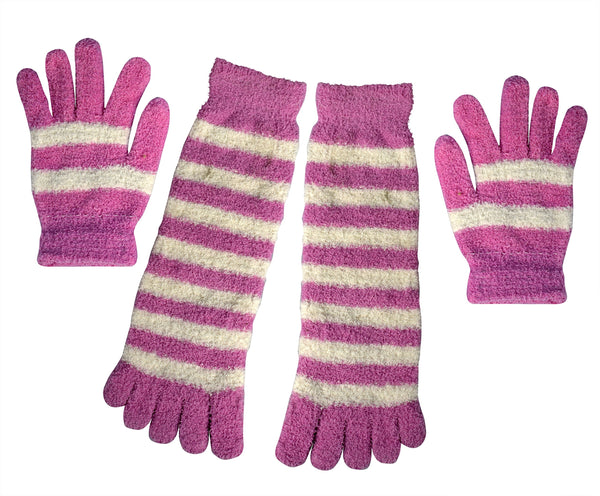 Peach Couture Winter Warm Striped Fuzzy Toe Socks And Gloves Pack