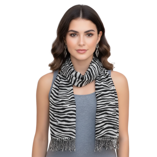 Peach Couture Zebra Animal Print Frayed Pashmina Shawl