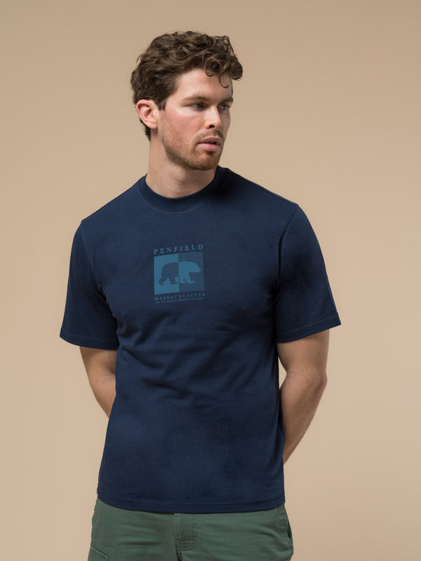 penfield Contrast Stripe Bear Graphic T-Shirt in Navy Blue