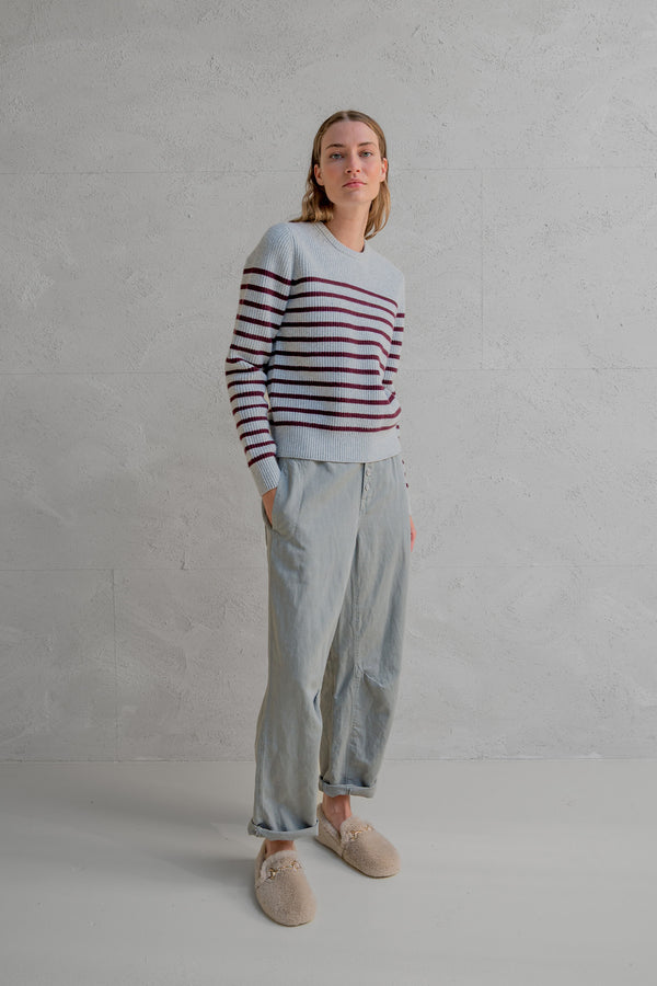 Penn & Ink JUMPER STRIPE (W25B351) GREY MELANGE - AUBERGINE