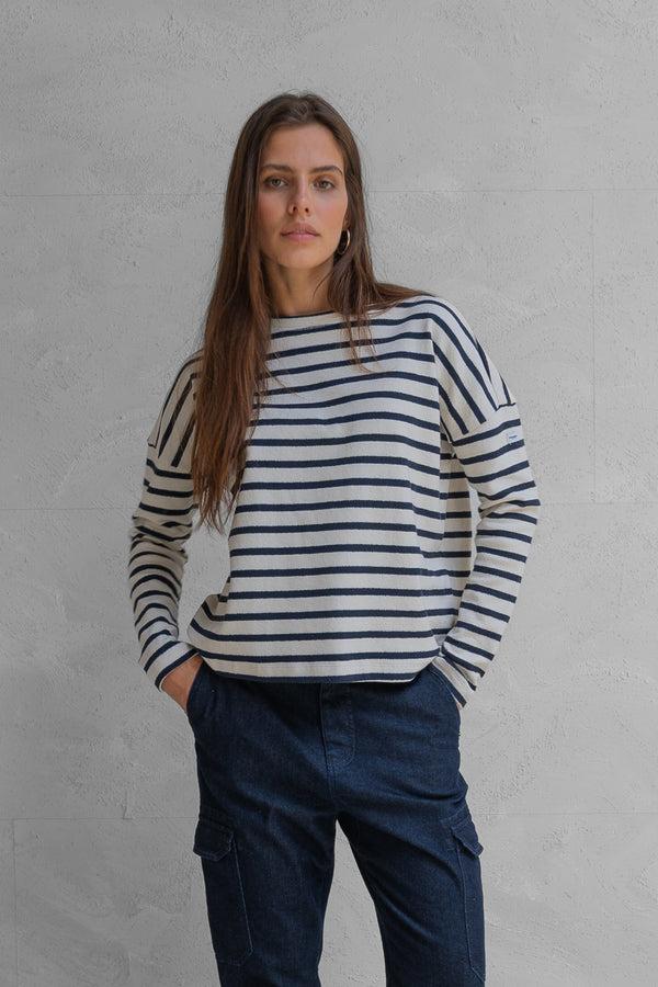 Penn & Ink SWEATER STRIPE (W25T1205) NAVY - ECRU